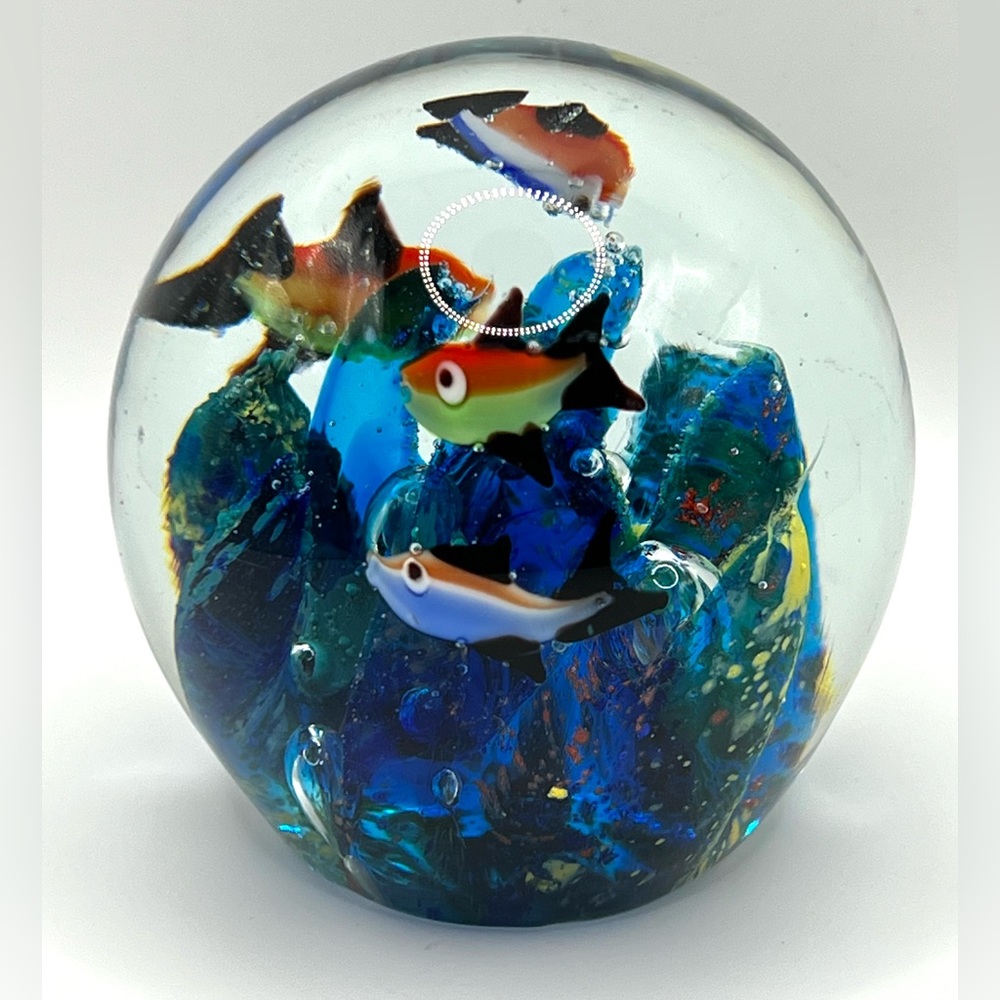 Art Glass Paperweight Marine Nautical Blue Waves Four Fish Bubbles